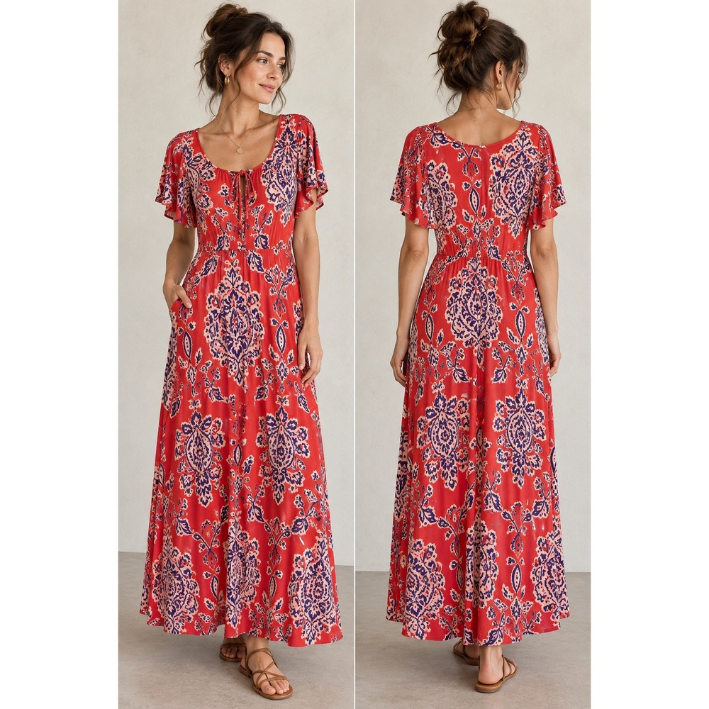 Anthropologie Akemi + Kin Red Paisley Flutter Sleeve Maxi Dress M
